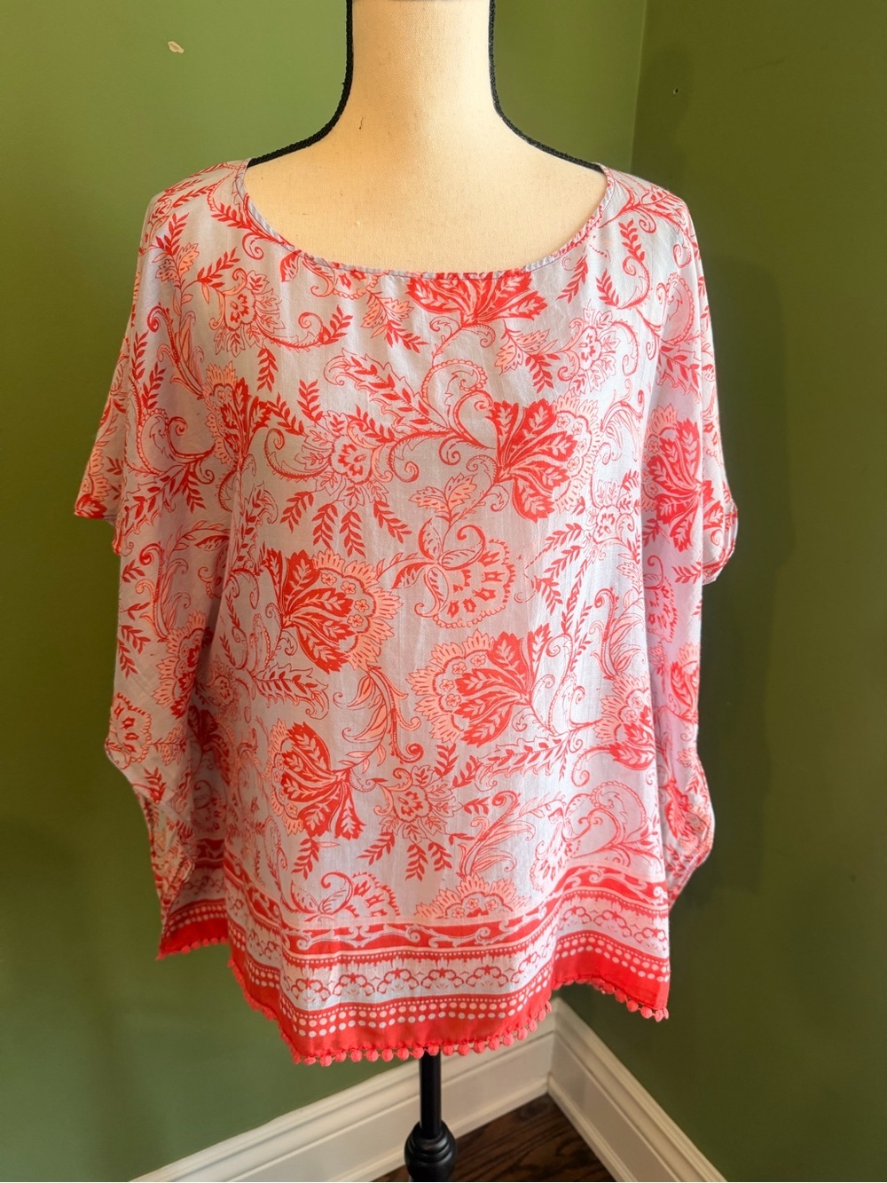 Talbots Paisley Cotton Silk Lightweight Poncho Blouse Women Red Periwinkle